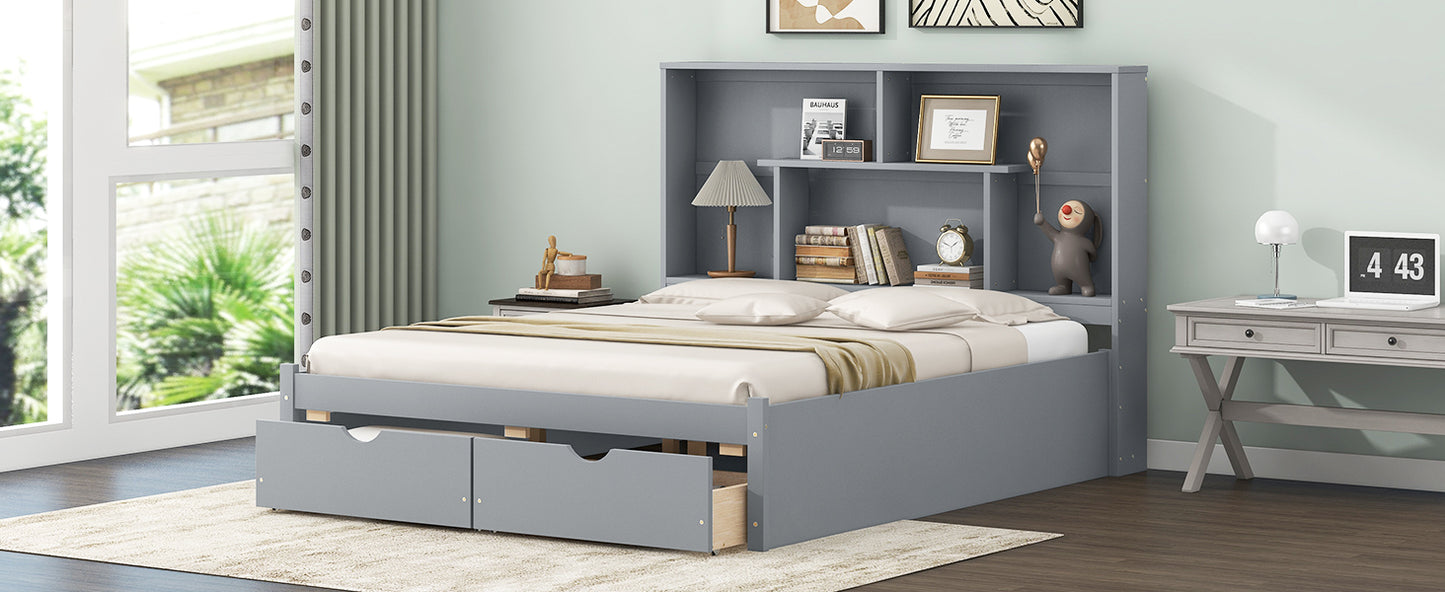 Queen Size Platform Bed with Storage Headboard and 2 Drawers