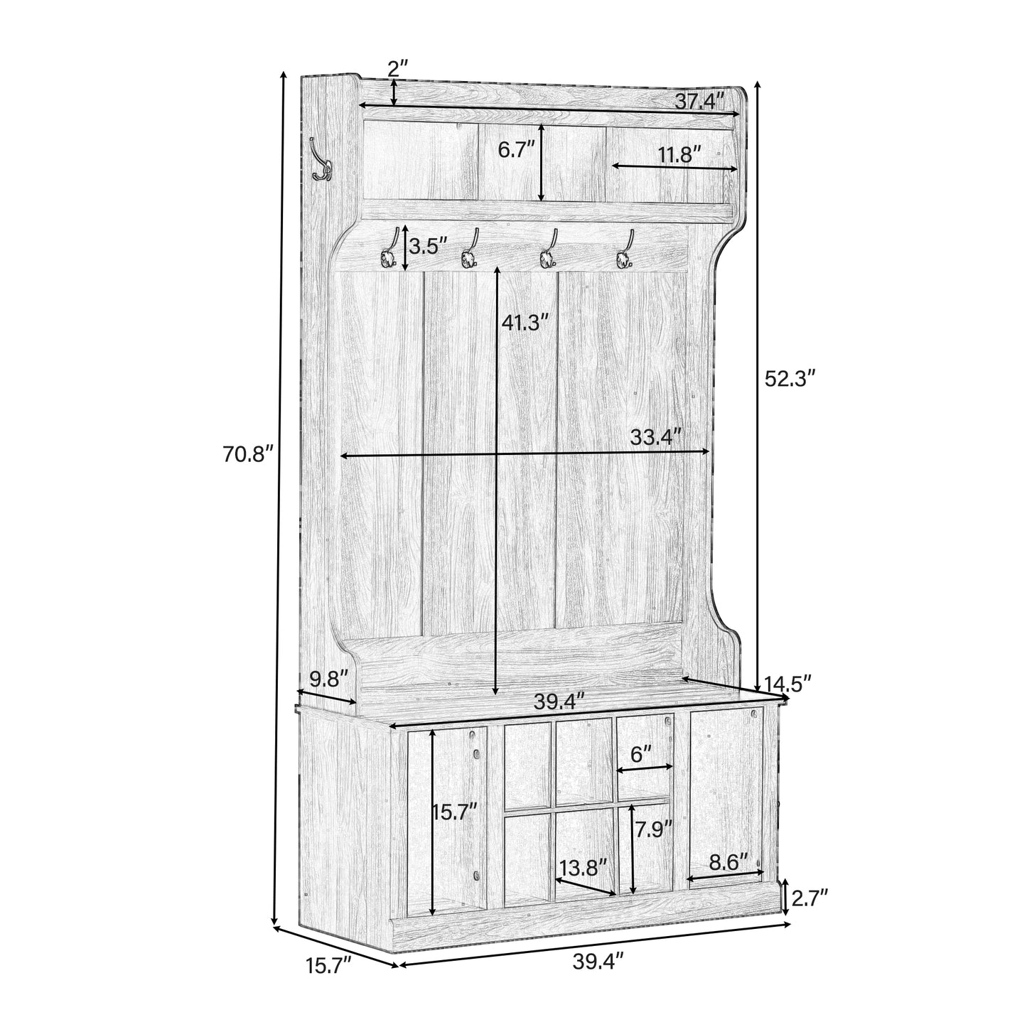 Entrance furniture with 4 double hooks and storage bench.