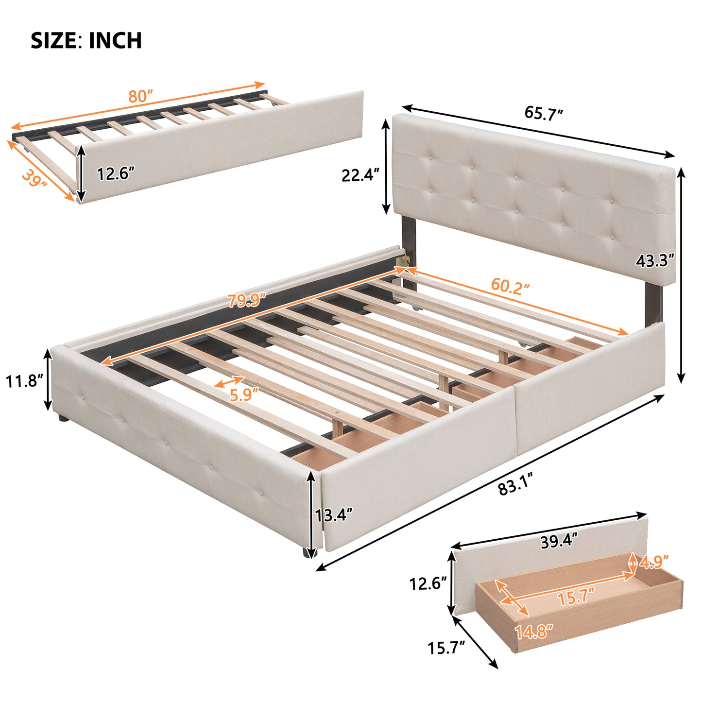 Upholstered Platform Bed with 2 Drawers and 1 Trundle Bed Single XL in Queen Size Linen Fabric - Dark Beige