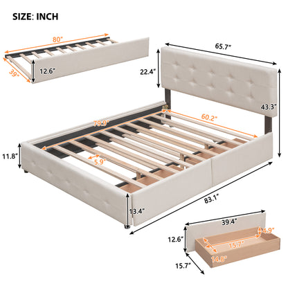 Upholstered Platform Bed with 2 Drawers and 1 Trundle Bed Single XL in Queen Size Linen Fabric - Dark Beige