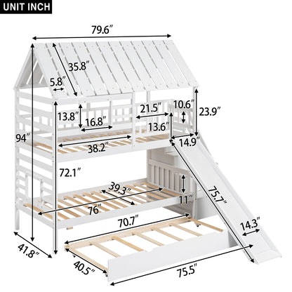 Twin House bunk bed with trundle bed and pull-out storage stairs.