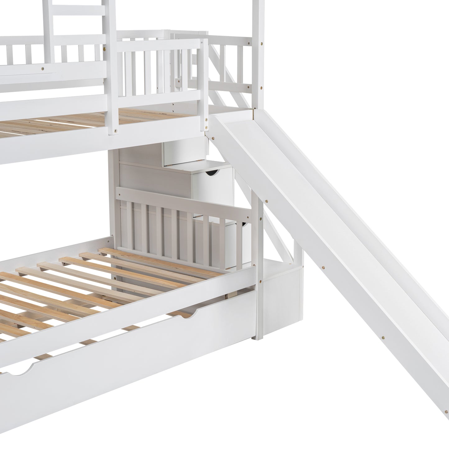 Twin House bunk bed with trundle bed and pull-out storage stairs.