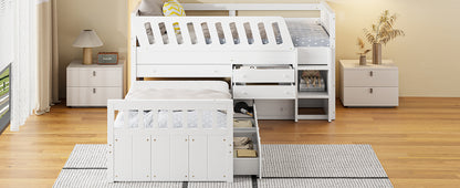 L-shaped double loft bed with 7 drawers and full guardrails.