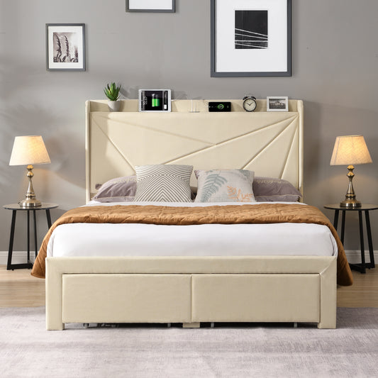 Marco de cama de tamaño completo con 2 cajones de almacenamiento acolchados Marco de cama tapizado beige