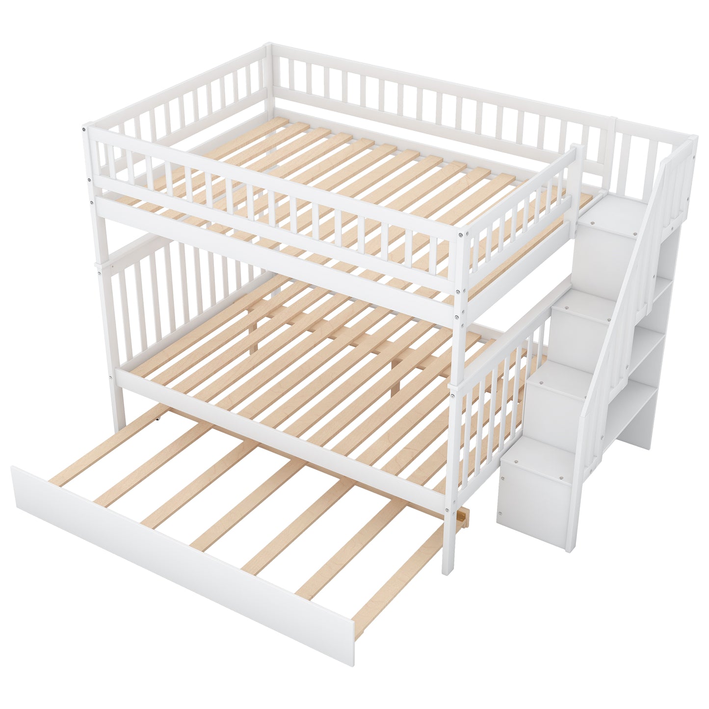 Full bed with trundle bed and white staircase