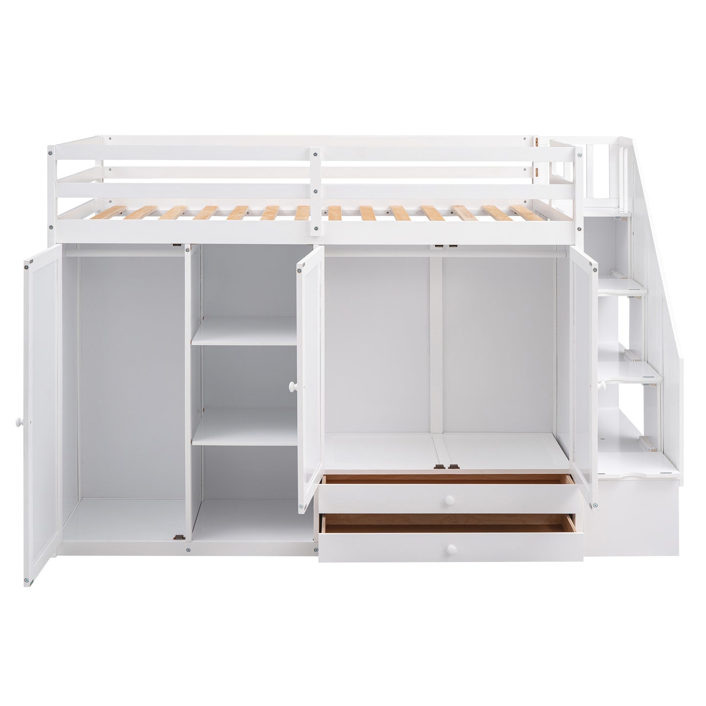 Functional loft bed with 3 shelves, 2 wardrobes and 2 drawers, ladder with storage.