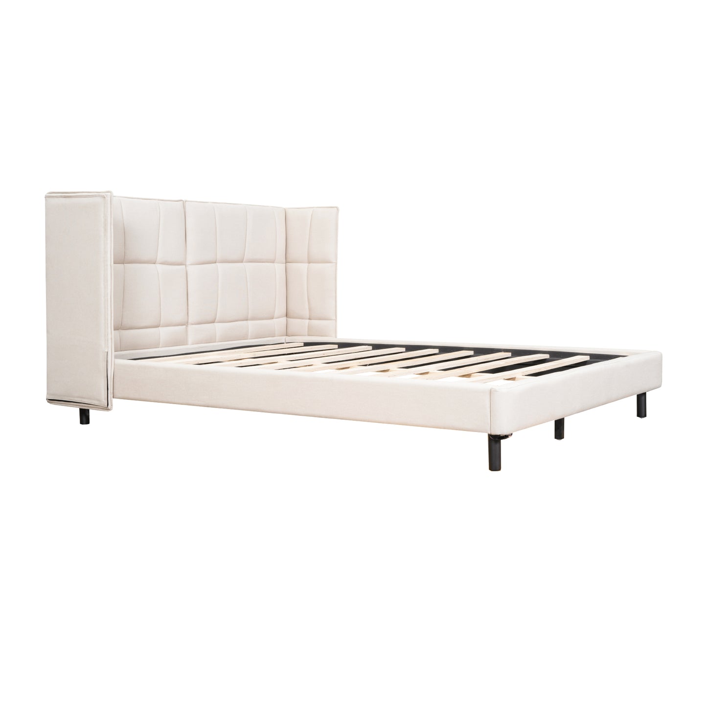 Cama Queen Size con plataforma tapizada, luces LED y cabecero en forma de U, tela de lino, color beige