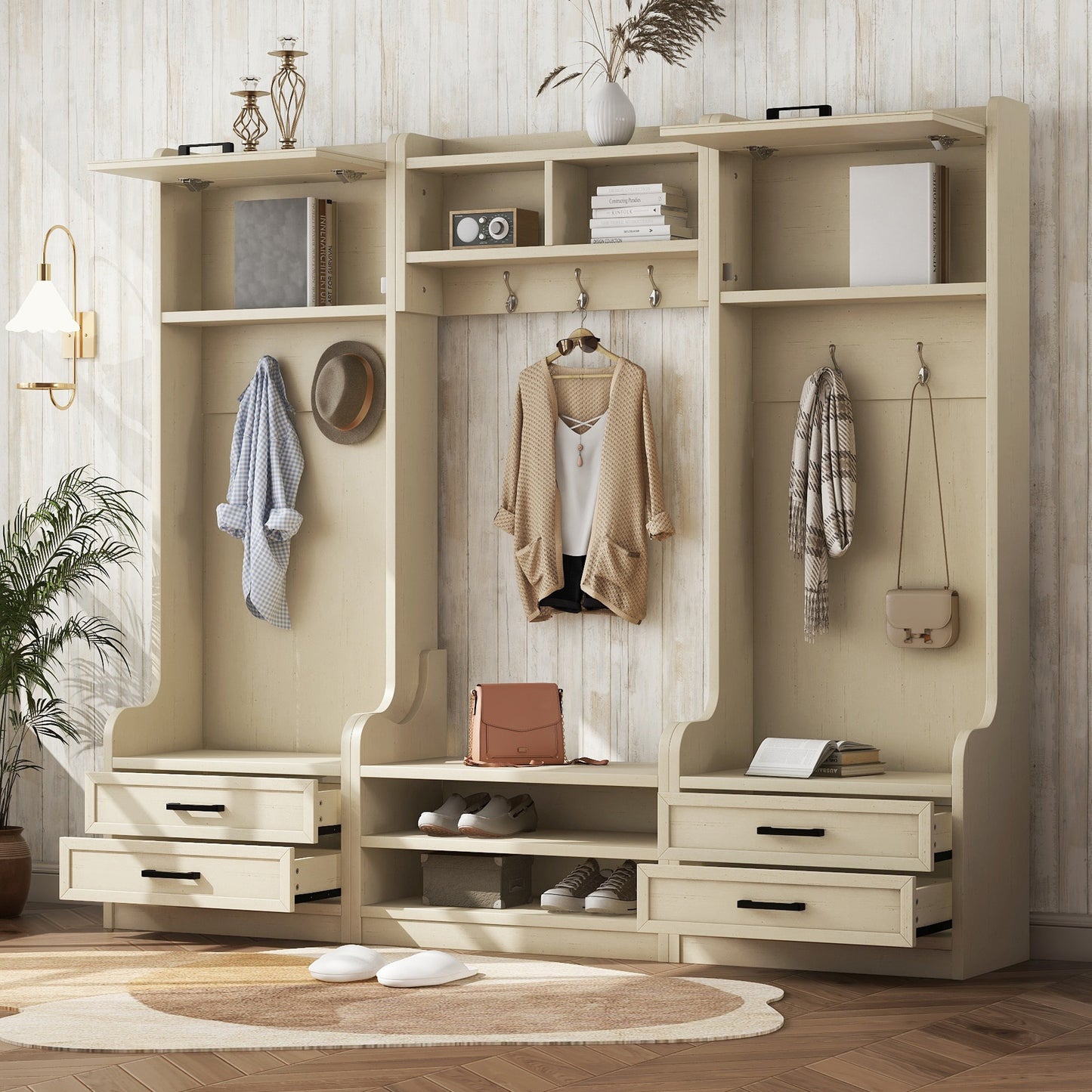 Large four-in-one piece of furniture with drawers and cabinets.