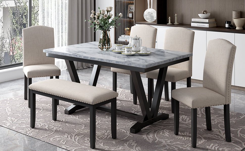 Modern Style Dining Table Set with 4 Chairs and 1 Bench (6 Pieces)