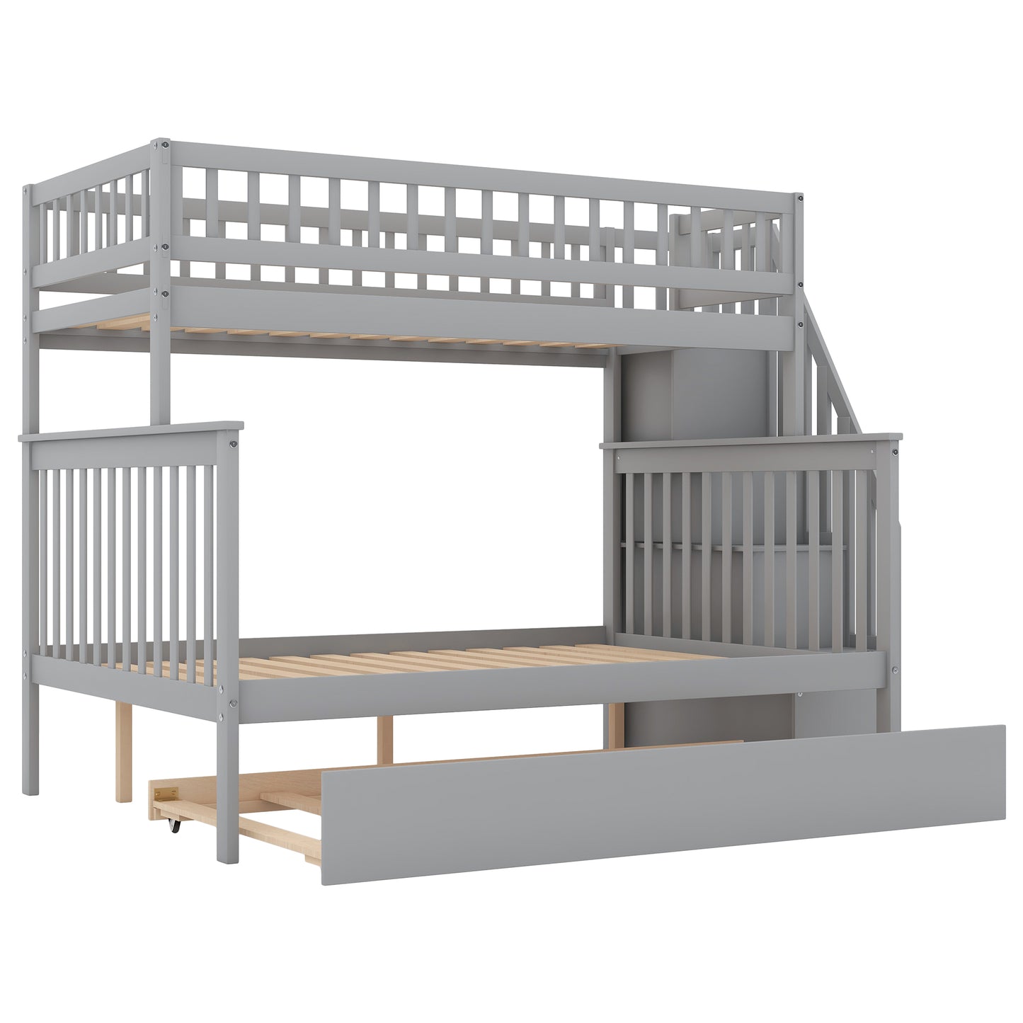 Bunk Bed with Trundle and Staircase Gray