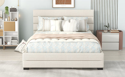 Queen Upholstered Platform Bed with Twin Trundle and Two Drawers Beige