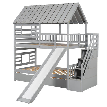 Twin House bunk bed with truncated and sliding storage staircase.