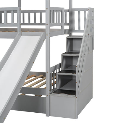 Twin House bunk bed with truncated and sliding storage staircase.