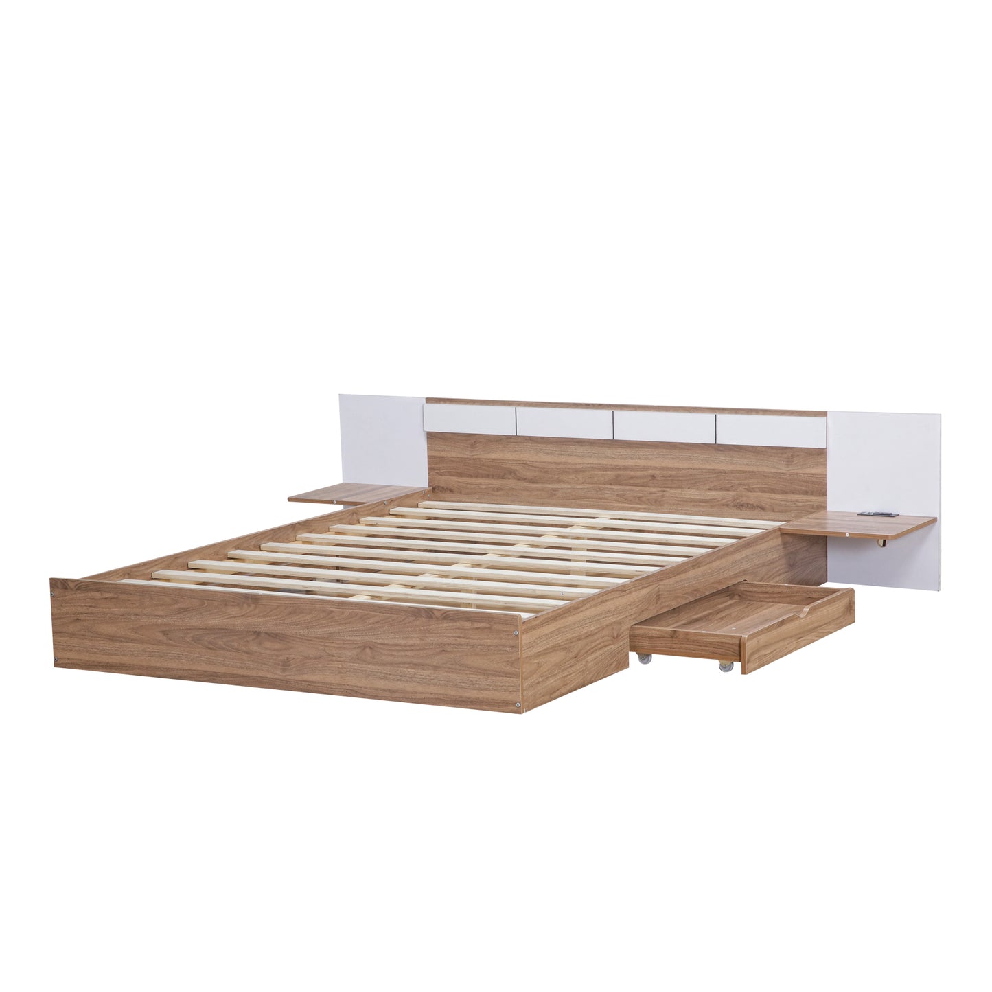 Cama Queen Size con plataforma, cabecero, cajones, estantes, puertos USB y enchufes, color natural