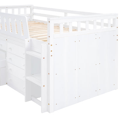 L-shaped double loft bed with 7 drawers and full guardrails.