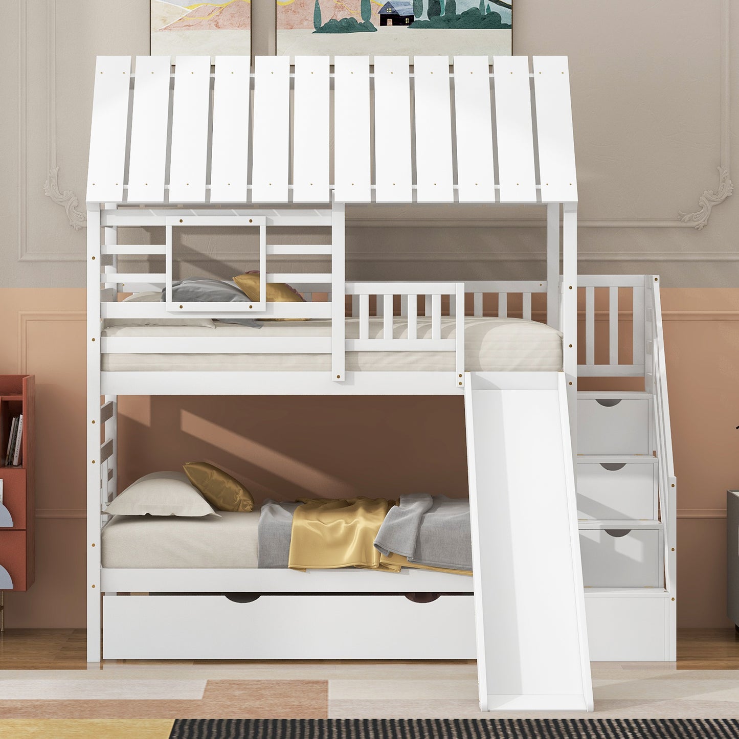 Twin House bunk bed with trundle bed and pull-out storage stairs.