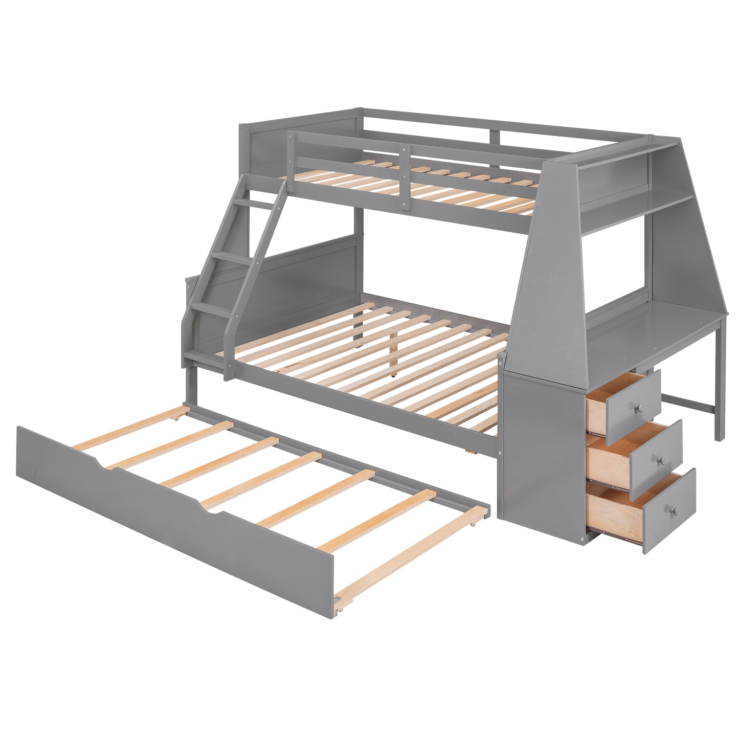 Double bed over full bunk bed with built-in tronde and desk, three storage drawers.