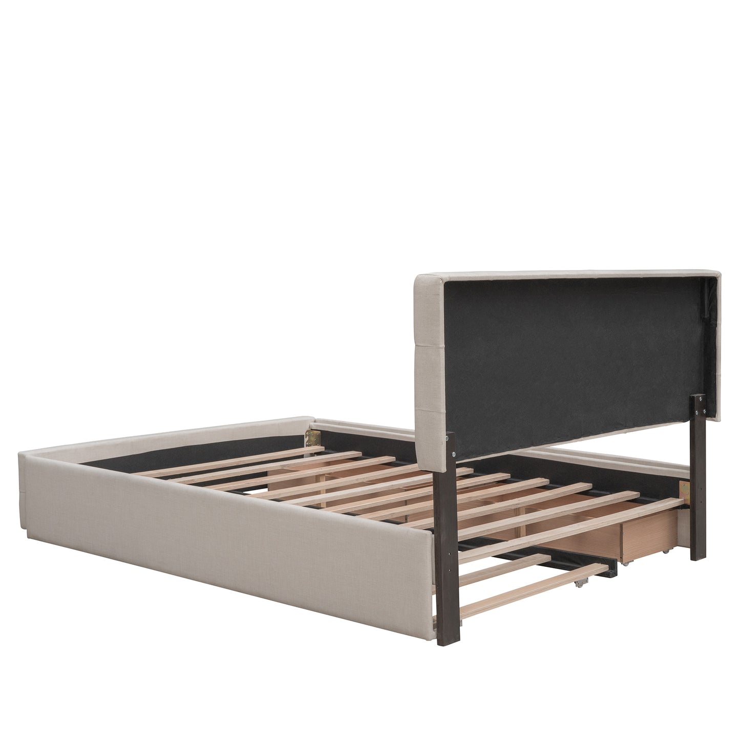 Upholstered Platform Bed with 2 Drawers and 1 Trundle Bed Single XL in Queen Size Linen Fabric - Dark Beige