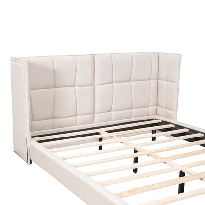 Cama Queen Size con plataforma tapizada, luces LED y cabecero en forma de U, tela de lino, color beige