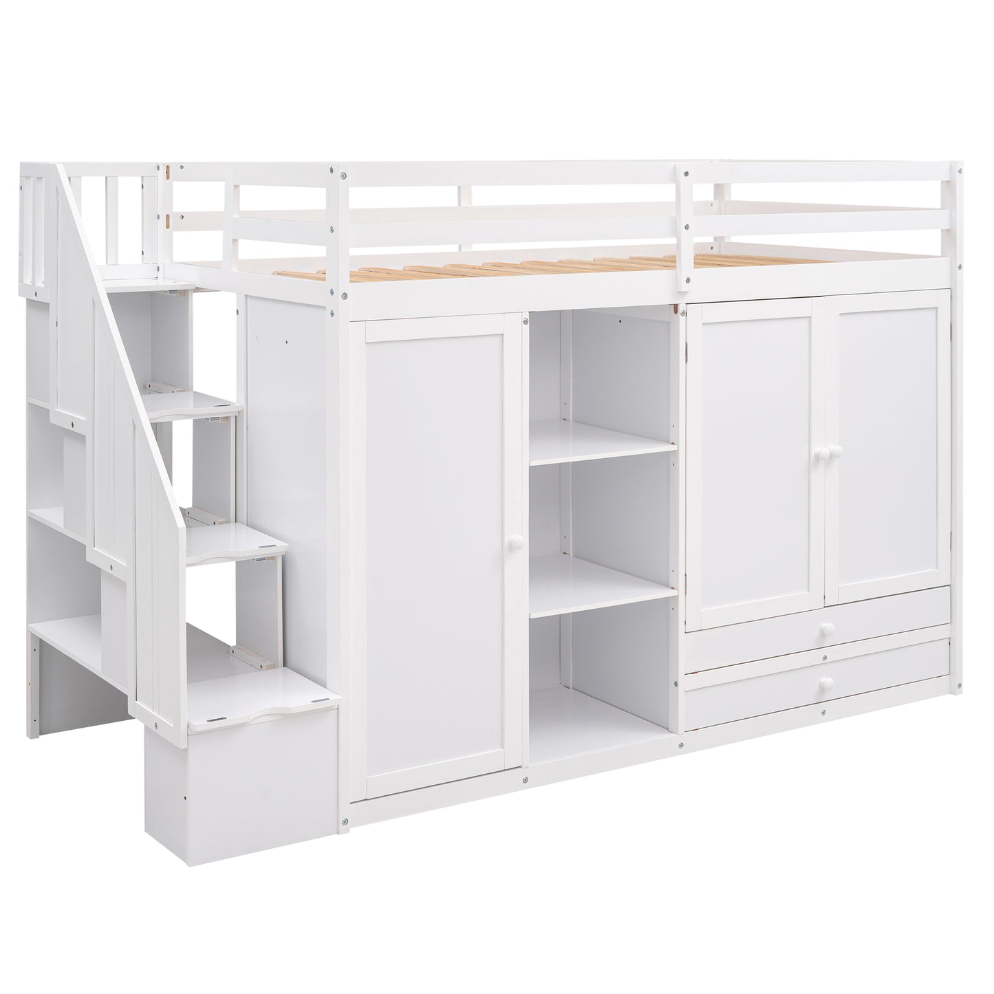 Functional loft bed with 3 shelves, 2 wardrobes and 2 drawers, ladder with storage.