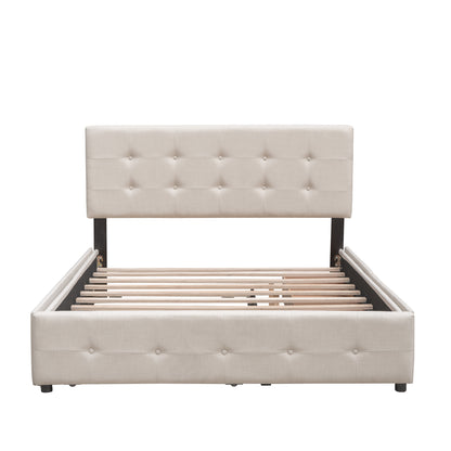 Upholstered Platform Bed with 2 Drawers and 1 Trundle Bed Single XL in Queen Size Linen Fabric - Dark Beige