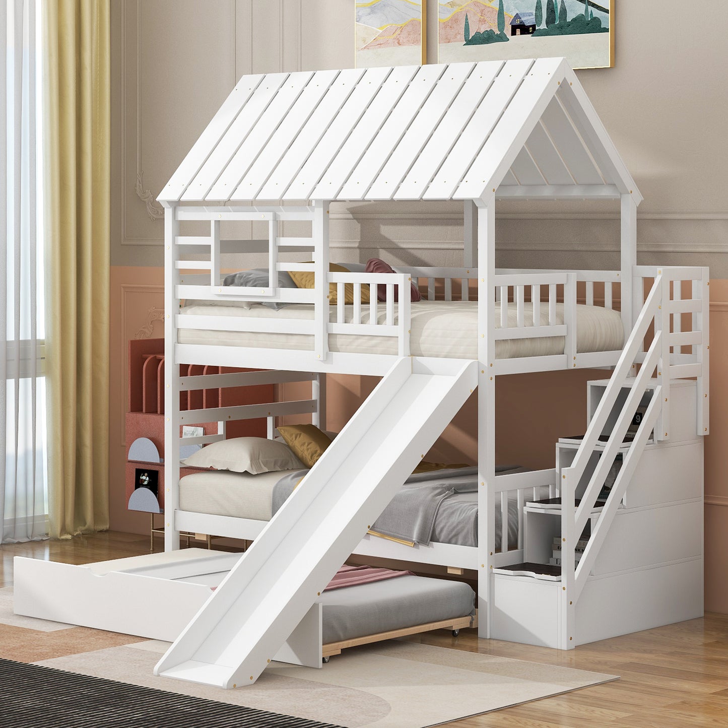 Twin House bunk bed with trundle bed and pull-out storage stairs.