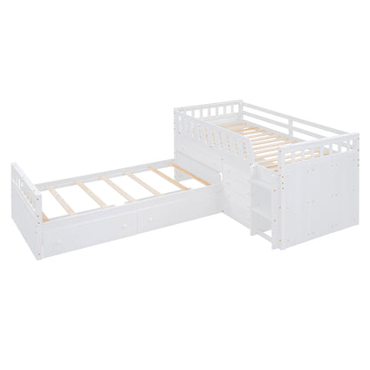 L-shaped double loft bed with 7 drawers and full guardrails.