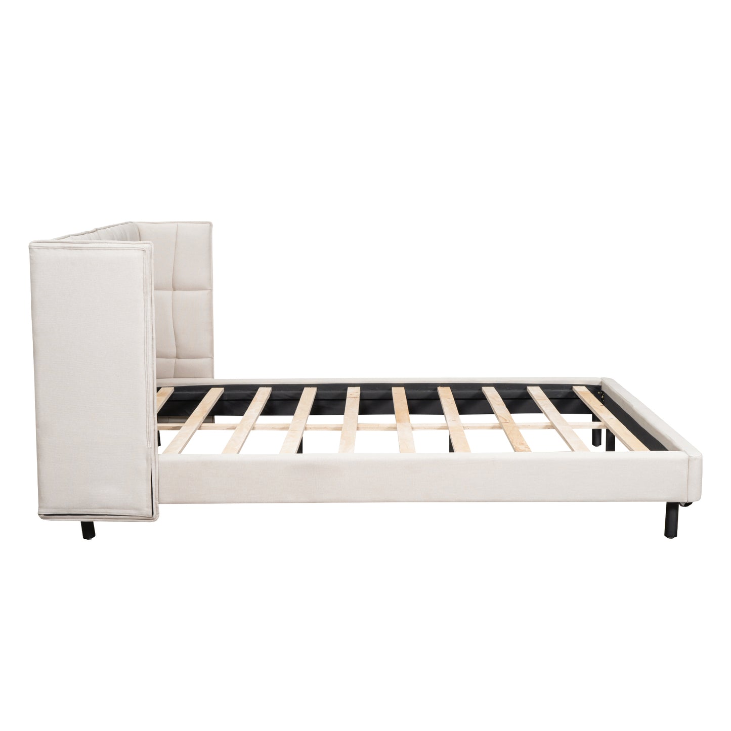 Cama Queen Size con plataforma tapizada, luces LED y cabecero en forma de U, tela de lino, color beige