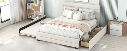 Cama Queen tapizada con plataforma, cama nido doble y dos cajones en color beige