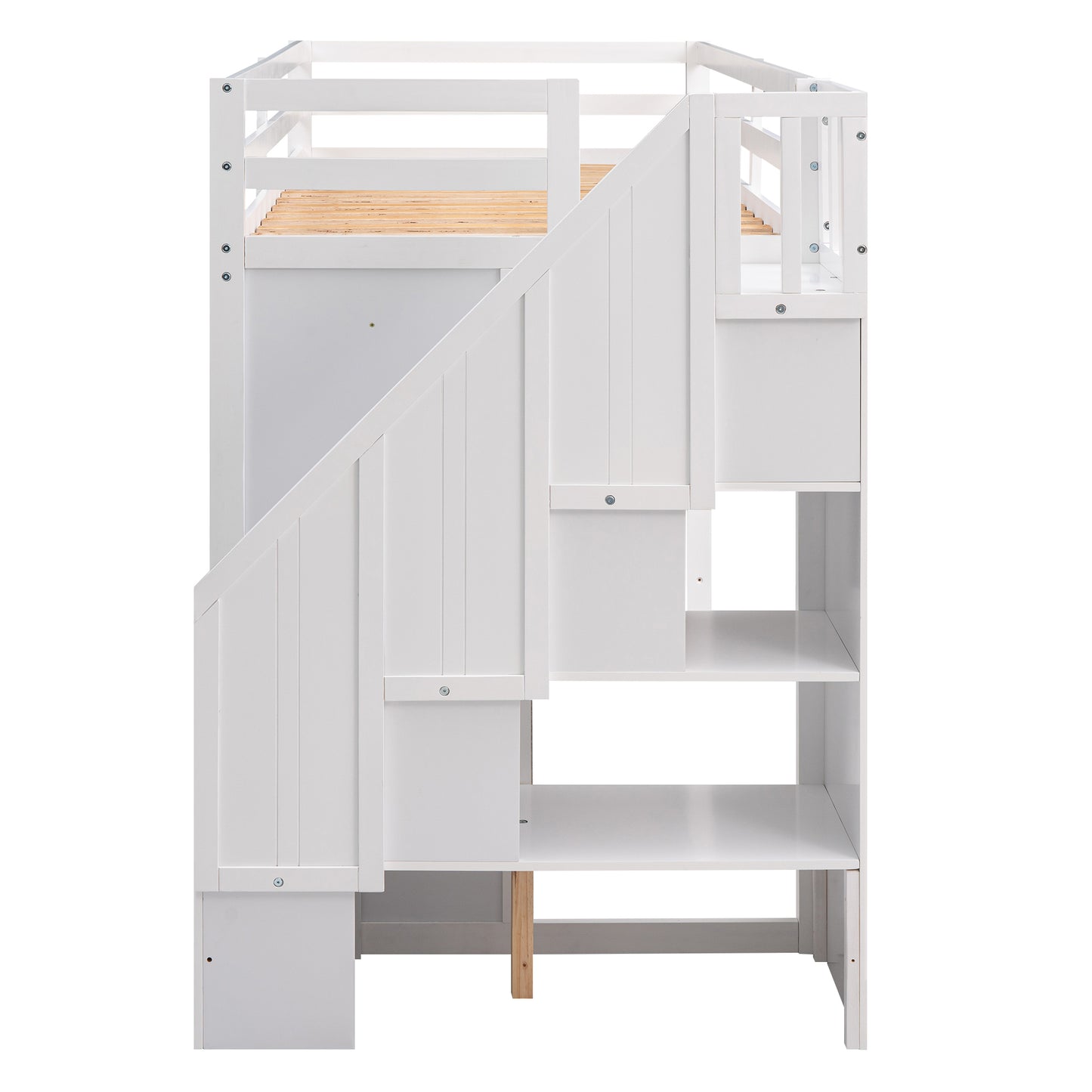 Functional loft bed with 3 shelves, 2 wardrobes and 2 drawers, ladder with storage.